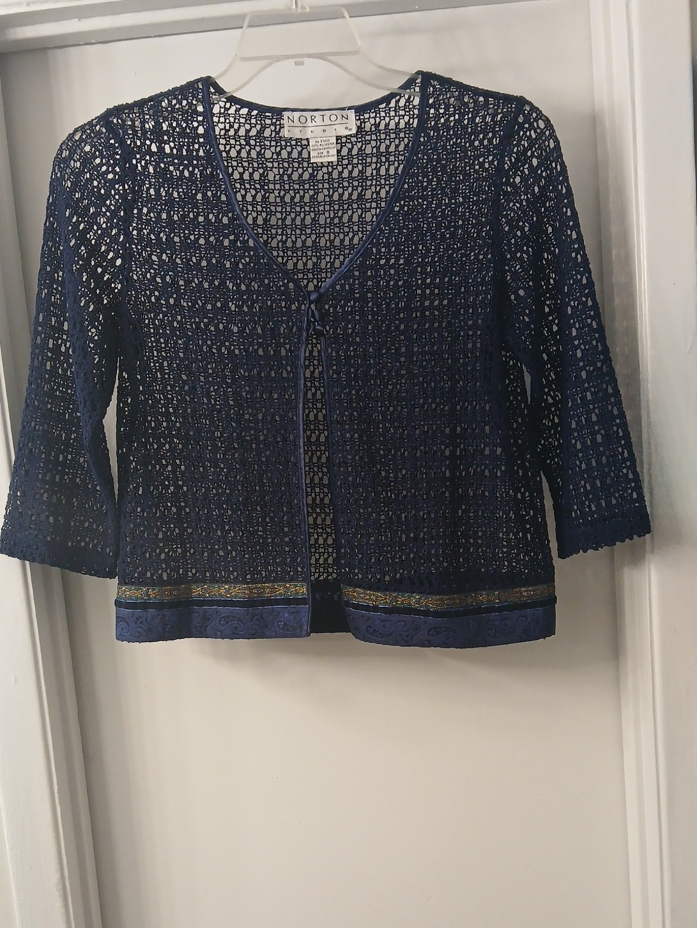 Norton Navy Open-Knit Cropped Cardigan with Embroidered Hem
